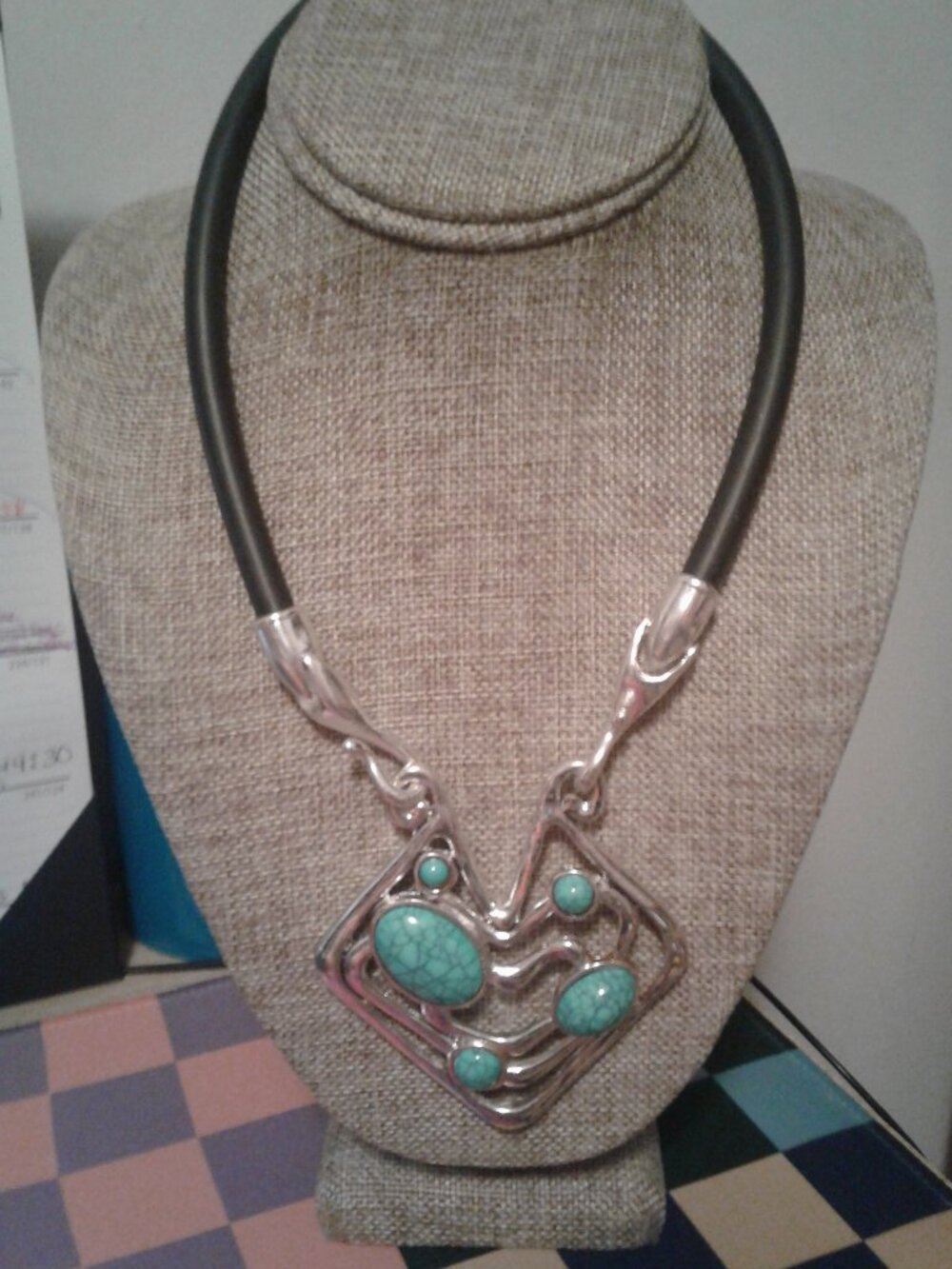 Jewelry Set Faux Turquoise Stone Necklace w/ Large Pendant & Dangle Earrings NEW